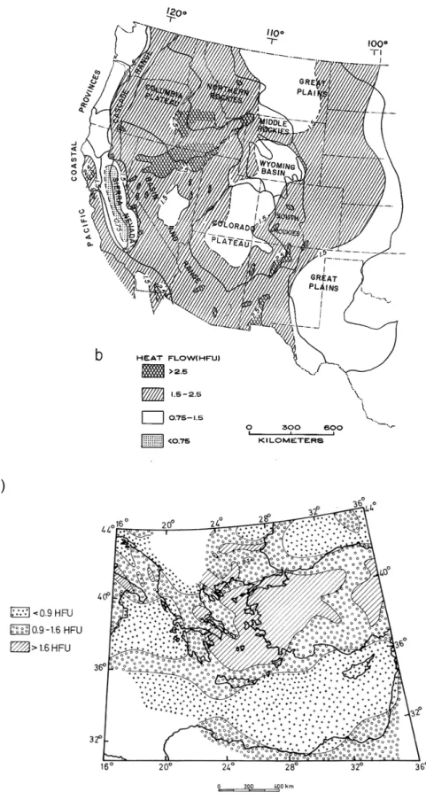 Figure 1-5 : Cartes de flux de chaleur. a) du Basin &amp; Range (Lachenbuch &amp; Sass,  1978)