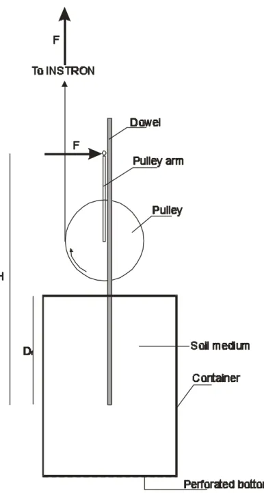 Figure 3.1 The apparatus for measuring the overturning resistance of model tap roots.  The vertical displacement of the crosshead of the testing machine enabled rotation of the pulley that with its arm, in turn, pushed over the ‘stem’ of the model, embedde