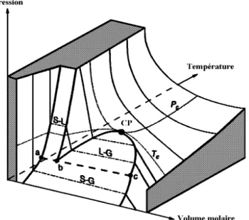 Figure 1.1 :  Représentation schématique de la surface des phases pour un corps pur. La  ligne (abc) correspond à la coexistence des états solide, liquide et gaz