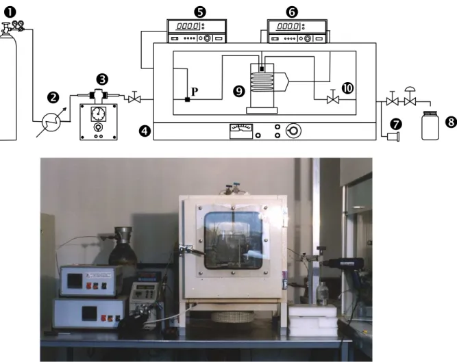 Figure 2.2 :  Le montage expérimental :  ‹ - source de solvant ;  › - réfrigérant ;  ﬁ - pompe  haute pression ;  ﬂ - étuve ventilée ;  ‒ - contrôleur de pression (mesurée en P) 