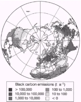 Figure I-2 : Distribution spatiale des émissions de  carbone black en 1985 issue de la base de données 