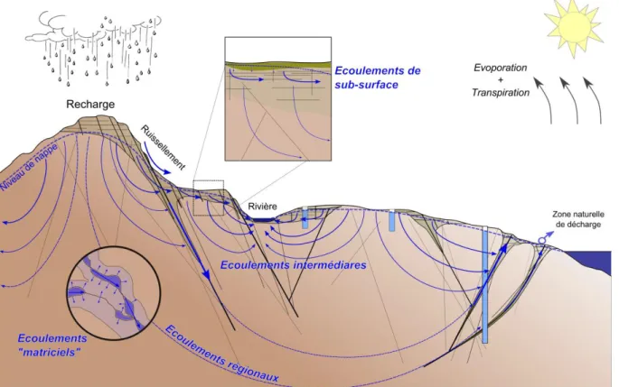 Figure  1.2    Schéma  simplifié  des  écoulements  hydrologiques  (ou  “boucles  hydrologiques”)  à  l’échelle  d’un  bassin versant, de plusieurs bassins versants, et à l’échelle de bassins versants régionaux