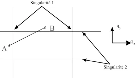 Figure 36 : Représentation des singularités dans l’espace articulaire d’un manipulateur RRR Les configurations singulières associées à det(J) = 0 sont quatre droites dépendants de q  1  et q  2  respectivement (Figure 36).