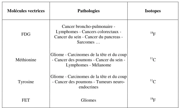 Table I.2 : Exploitation clinique des principaux radiopharmaceutiques émetteurs β +  