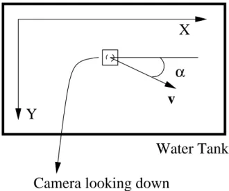 Figure 5.5: Camera motion in the water tank with axes: top view.