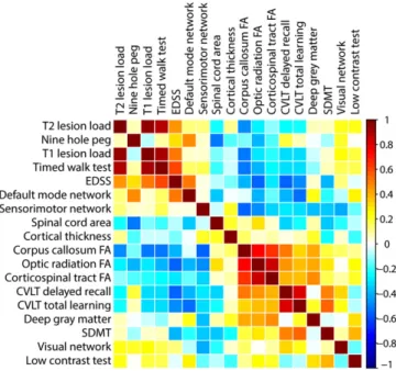 Fig. 4. Between predictor correlations for imaging, cognitive and clinical parameters in pa- pa-tients