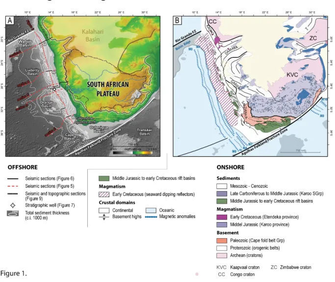 Figure 4.1: Topographic and geological setting of southern Africa and location of seismic and  well data presented hereafter