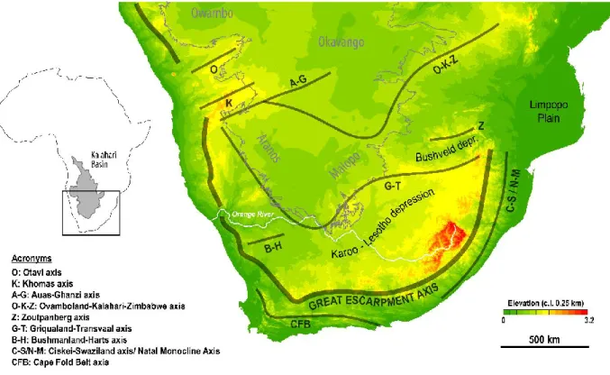 Figure 2.4: Topographie actuelle de l’Afrique australe (GEBCO 2014, 30’ arc) sur laquelle a  été surimposée’ : (i) la carte des isobathes du bassin du Kalahari (modifiée d’après Haddon,  1999) entourés en gris ; (ii) les axes de flexure (d’après Du Toit, 1