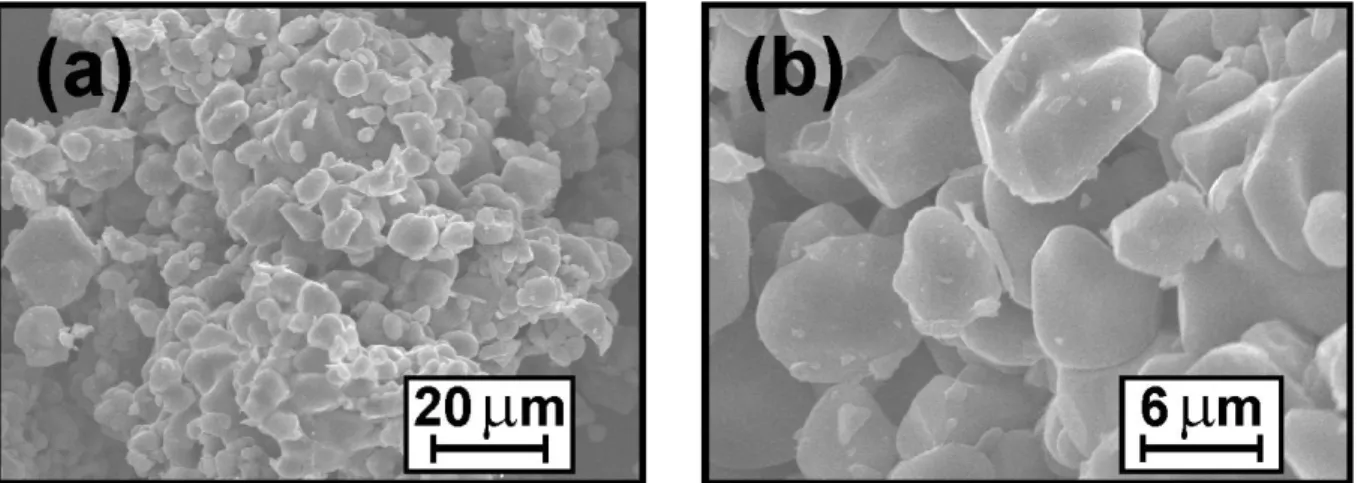 Figure II.5:    Images de MEB de LiNiVO 4  élaboré à 730 °C. (a): Vue globale d’un  agglomérat de particules; (b): Grossissement montrant la morphologie des grains