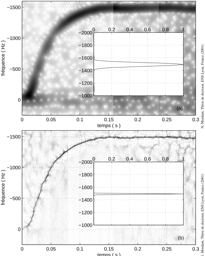 Fig. 3.1 – (a) Spectrogramme du son r´etrodiffus´e pour une bille d’acier de diam`etre 0.8 mm et une fr´equence d’´emission de 3.5 MHz