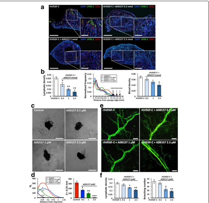 Fig. 5 AD0157 inhibits in vivo VEGF-C-induced lymphangiogenesis and blocks the lymphangiogenic process ex vivo