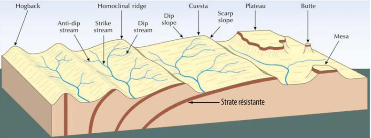 Figure 1-17 : Schémas des morphologies structurales associées aux divers pendages de strates géologiques résistantes