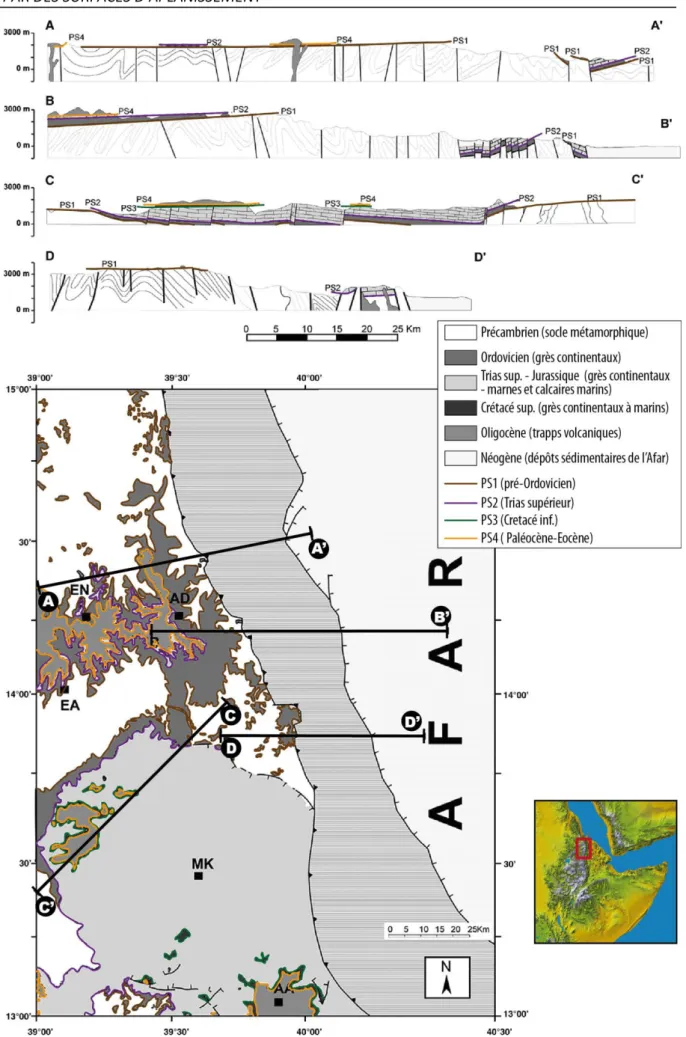 Figure 1-29 : Coupes géomorpho-géologiques et carte géomorphologique de la région de de Mékélé-Adigrat (Nord-Est de 