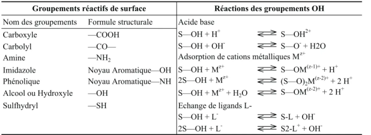 Tableau 2.3 { Principaux groupements fonctionnels a la surface des particules constitu- constitu-tives des sols d'apres Sposito (1989) et reactions d'adsorption speciques sur les  groupe-ments hydroxyles d'apres Schindler et Stumm (1987).