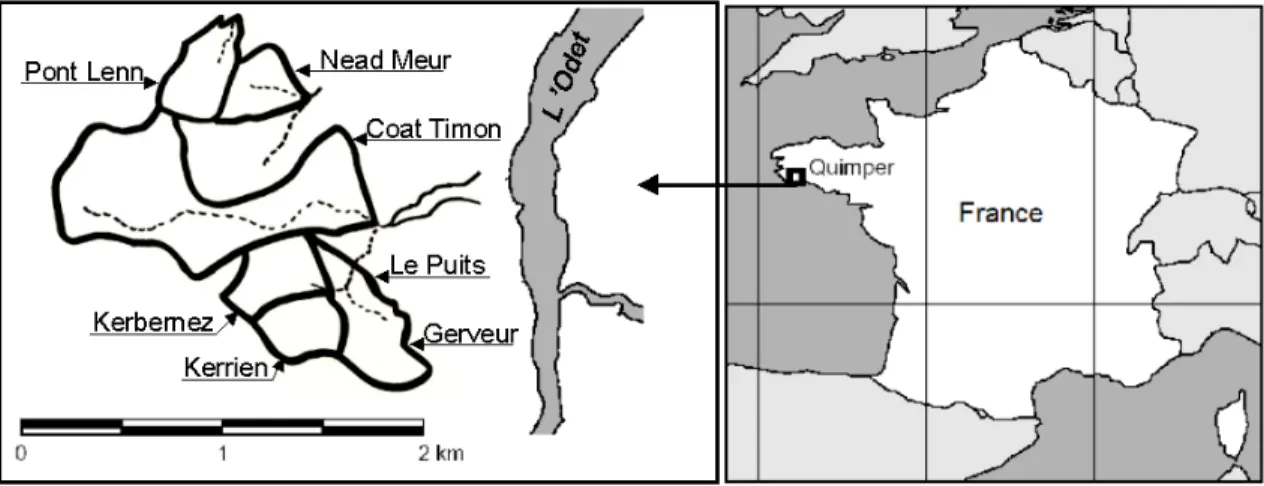 Fig. 2.1  Situation géographique des bassins versants du site de Kerbernez.