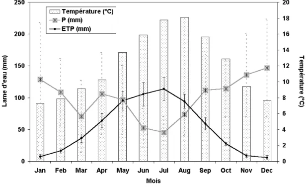 Fig. 2.4  Moyennes mensuelles et écart-types des précipitations (P), de l'évapotranspiration potentielle (ETP) et des températures de l'air sur la période 1991-2002.