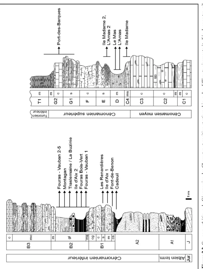 Figure 2.2. Coupe synthétique du Cénomanien des Charentes et position stratigraphique des différents gisements étudiés dans ce travail.