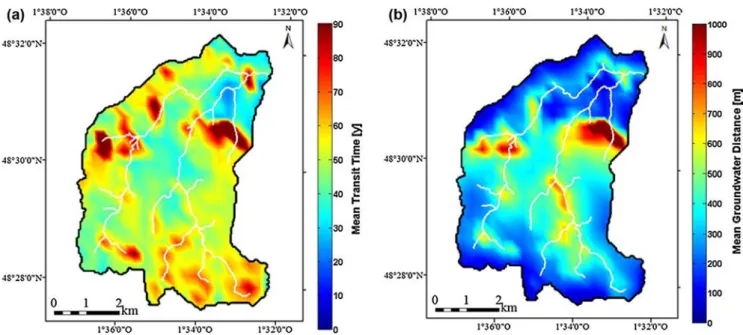 Fig. 10. Spatial analysis of the Pleine–Fougères aquifer in regards to (a) mean transit times, and (b) mean groundwater travel distances, obtained by interpolating the results of 278 sampling zones