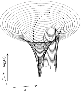 Fig. 1.3: Repr´esentation 3D de l’´evolution topologique des chaˆınes de maxima (MMTO) de f (Eq