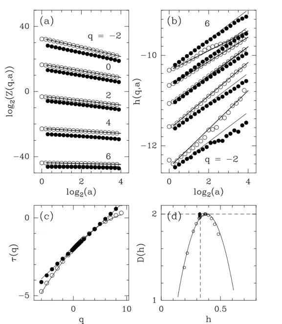 Fig. 1.6: D´etermination des spectres τ (q) et D(h) des surfaces Browniennes fraction- fraction-naires B H =1/3 ( • ) et des surfaces rugueuses g´en´er´ees par le mod`ele de cascades W al´eatoires log-normales ( ◦ ) avec la m´ethode MMTO 2D