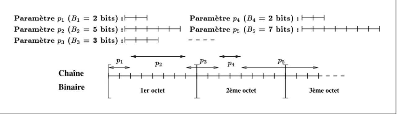 Fig. 2.1: Exemple simple de codage binaire d'un ensemble de paramètres p i dans une chaîne de caractères.