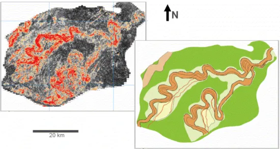 Fig. 2.4.3  Interprétation géologique du réservoir R-Bêta avec une section temps des données sismiques (à gauche).