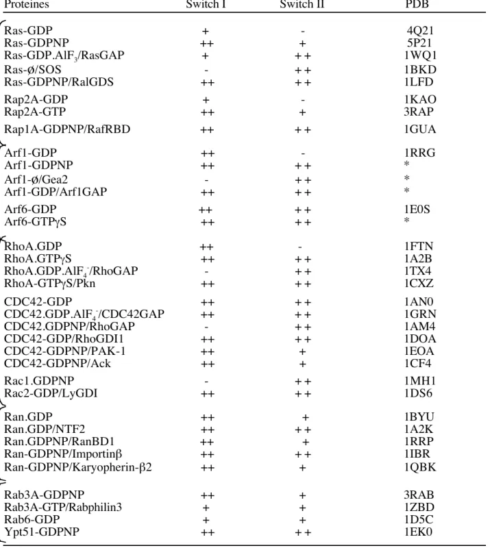Tableau II: Flexibilité des switch I et II des petites protéines G. La flexibilté des switch I et II des petites protéines G a été établie à partir des structures connues de petites protéines G en comparant les facteurs  d'agitations  thermiques  des switc