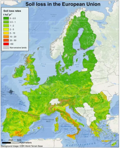 Figure 1.2: Map of modeled soil loss in Europe. From Panagos et al. (2015b)