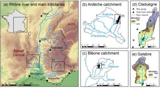 Figure 2.1: Location of the study sites in southeastern France (a). The catchments consid- consid-ered here are the 42.3 km 2 catchment of the Cladu` egne which is a headwater catchment of the Ard` eche (b) and the 19.6 km 2 catchment of the Galabre, a hea