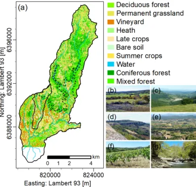 Figure 2.3: (a) Map of the land cover in the Cladu` egne and Gazel catchment (Andrieu, 2015)