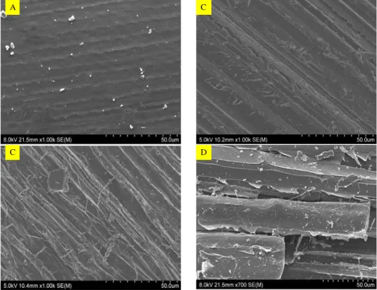Figure 33: Effet du traitement sur la morphologie de surface des fibres de miscanthus (a) brutes   et traitées (b) 15min, (c) 30min, (d) 40min  