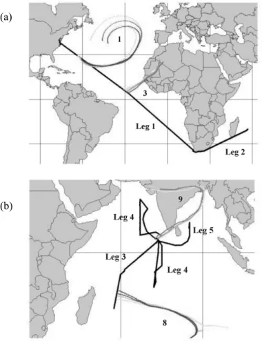 Fig. 1. Picture of the cruise tracks including air-mass back-trajectories for two different ship positions: (a) Aerosols99, (b) INDOEX.