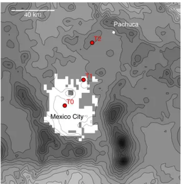 Fig. 1. Map of the study area, including the locations of the sam- sam-pling sites T0, T1, and T2 and the extent of the Mexico City Metropolitan Area (MCMA)