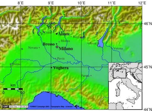 Fig. 1. Map of the measurement area, showing the Po-Valley in northern Italy. The location of the measurements presented here was Alzate, 50 km north of Milan