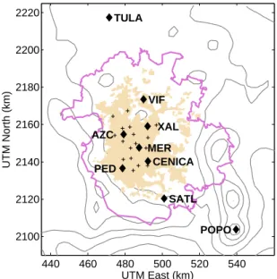 Fig. 1. Map of the MCMA showing the Tula industrial complex, Popocat ´epetl volcano, CENICA supersite, Santa Ana Tlacotenco (SATL) boundary site and RAMA surface sites (crosses, see Fig