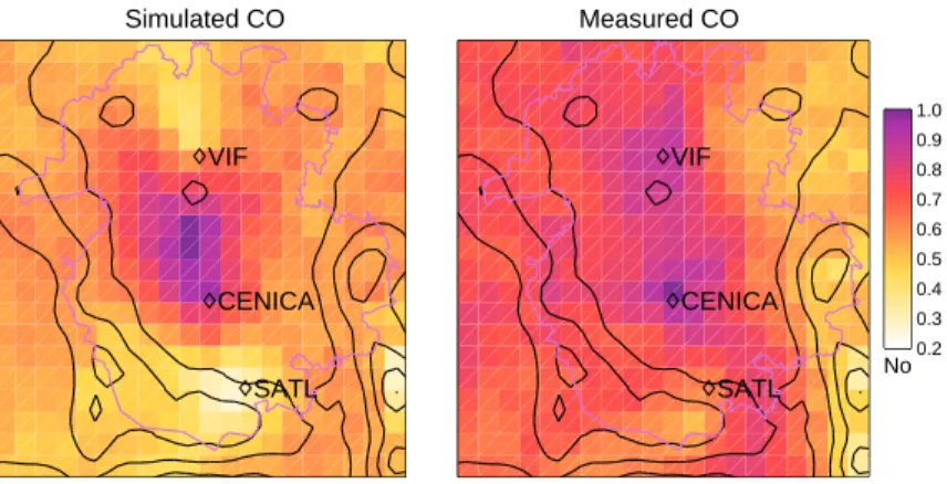 Fig. 4. Concentration Field analysis of CO using simulated (left) and measured (right) time series of concentrations at CENICA, VIF and SATL based on back-trajectories every 2 h at each location