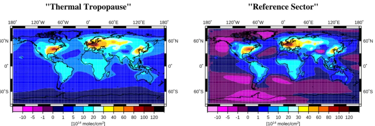 Fig. 1. E39/C, climatological annual means based on 20 years of the modelled tropospheric NO 2 column amounts, showing the results of the two different methods of calculation.