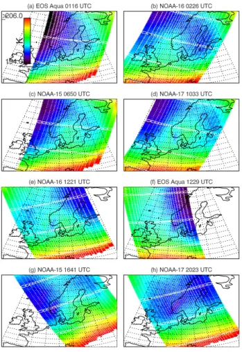 Fig. 2. AMSU-A Channel 9 brightness temperatures T B ( λ ˆ j , φ ˆ j ) measured during the ascending and descending overpasses of  Scan-dinavia by EOS Aqua, NOAA-15, NOAA-16, and NOAA-17.