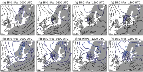 Fig. 3. ECMWF IFS T L 511L60 6-hourly analysis temperatures for 14 January 2003 at 85 hPa (top row) and 65 hPa (bottom row), corre- corre-sponding roughly to the peak altitudes of the near-nadir and far off-nadir Channel 9 weighting functions, respectively