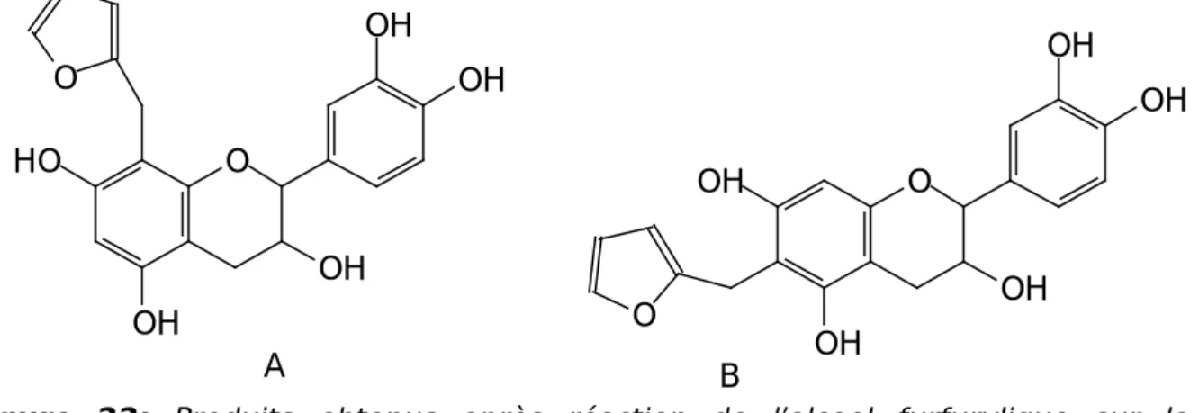 Figure 22:  Produits obtenus après réaction de l’alcool furfurylique sur la  catéchine: A-  4% et B-  1,5% rendement