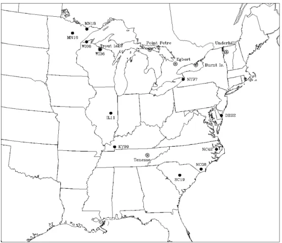 Fig. 1. The model domain. Also shown are the site locations of measurements used to evaluate the model performance (see text for details).