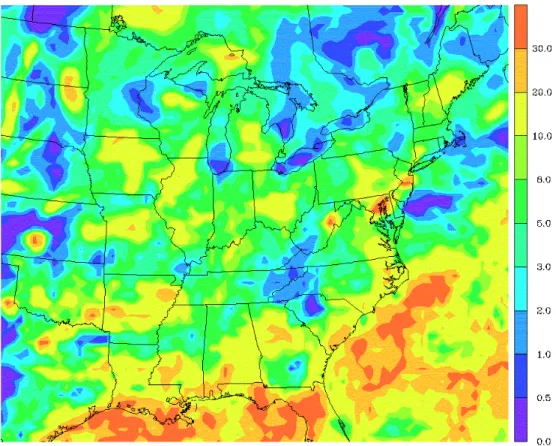 Fig. 4. Total precipitation (cm) over the period of 20 June 1995 to 18 July 1995, as inputted to CCTM.