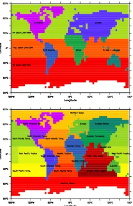 Fig. 6. Maps of the regions over which the estimated fluxes are integrated to obtain different parts of Figures 5, 7, 9, and 10
