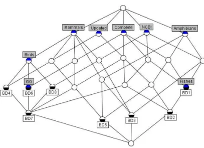 Figure 4.1 – Le treillis de concepts correspondant au contexte formel donné dans la table 4.2