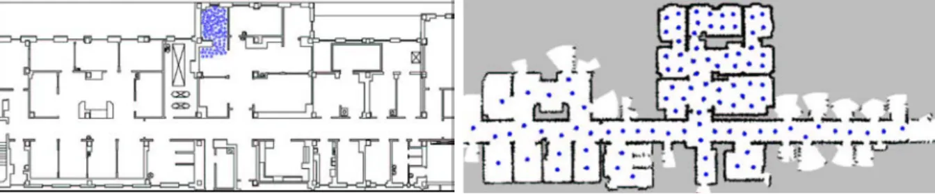 Figure 2.9 – ` A gauche, configuration initiale des robots. ` A droite, configuration finale maximi- maximi-sant la couverture (Howard et al., 2002)