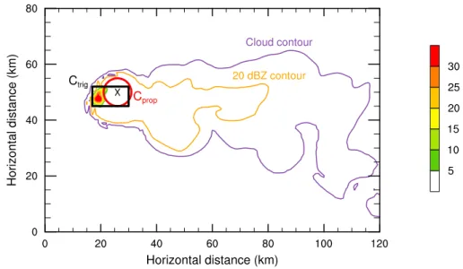 Fig. 1. Horizontal cross section at 9.5 km m.s.l. during the supercell stage (t = 2h30) of the vertical velocity (m s −1 ; colored area)