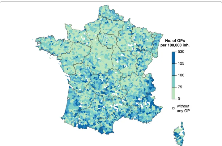 Fig. 1 General practitioners (GP) density by district (LAU1) in France (number of GPs per 100,000 inhabitants) in 2012