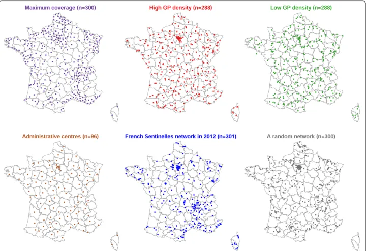 Fig. 3 Spatial spread of general practitioners (GPs) involved in the simulated practice-based surveillance networks, France; number of GPs involved in each network is reported in brackets