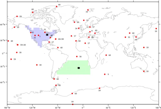 Fig. 3. Locations of pseudodata measurements. The numbers indicate the number of monthly averaged measurements available at each location