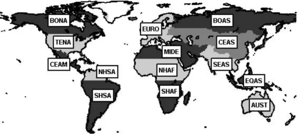 Fig. 1. Map of the 14 regions used in this study. Abbreviations are explained in Table 1.